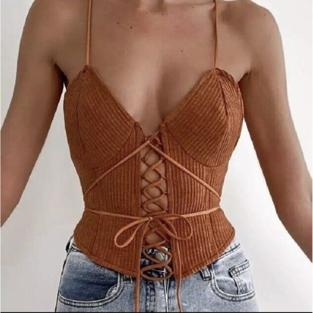 Women's Vintage Style Bandage Lace-Up Crop Top Backless Cami Brown Size‎ S New